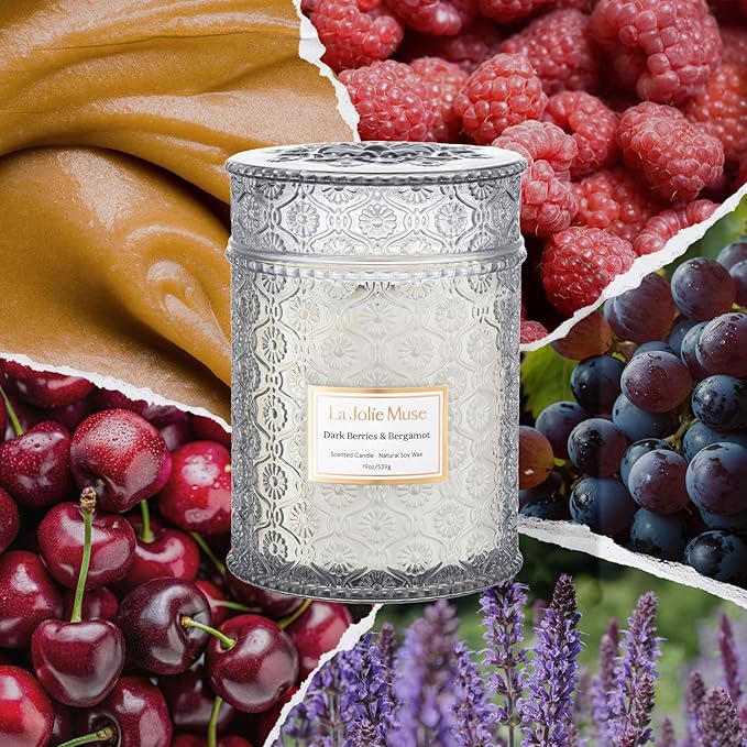LA JOLIE MUSE Dark Berries & Bergamot Candle - Berries, Grape, Caramel | 19 oz Large Wooden Wick Candle | Natural Soy Wax | 90 Hours Clean Burn | Gift-Ready for Hosts & Gatherings | Elegant Home Décor - Bloomnest