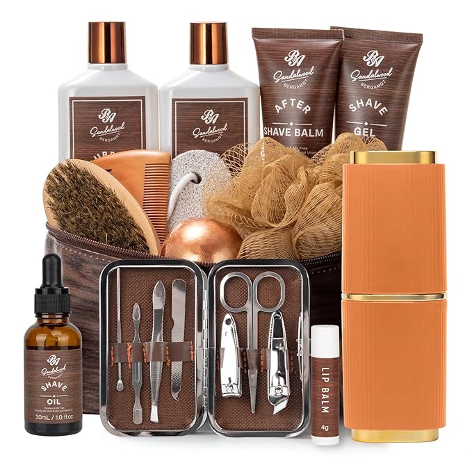 Valentines Day Gifts for Men, 21 Pcs Sandalwood Bath & Body Care Kit, Beard Gift Set for Men, Shave Beard Kit, Leather Bag, Home Spa Kit, Relaxing Men's Gift Basket, Birthday, Father's Day Gift - Bloomnest