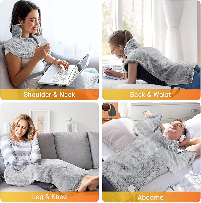 Massaging Heating Pad for Neck and Shoulders and Back, 24" x 35" Large Electric Heating Pad for Back Pain Relief with 3 Heat Levels, 4 Massage Settings, 2H Auto Shut-Off, 4 Massage Motors,Grey - Bloomnest