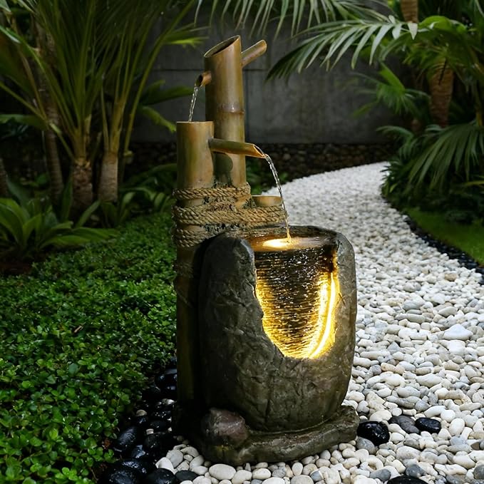 31" H 3 Tiered Bamboo & Imitation Rock Water Fountain - Natural Zen Decor with LED Lights Cascading Waterfall Design for Outside&Indoor - Suitable for Garden/Patio/Yard/Deck/Balcony （Resin） - Bloomnest