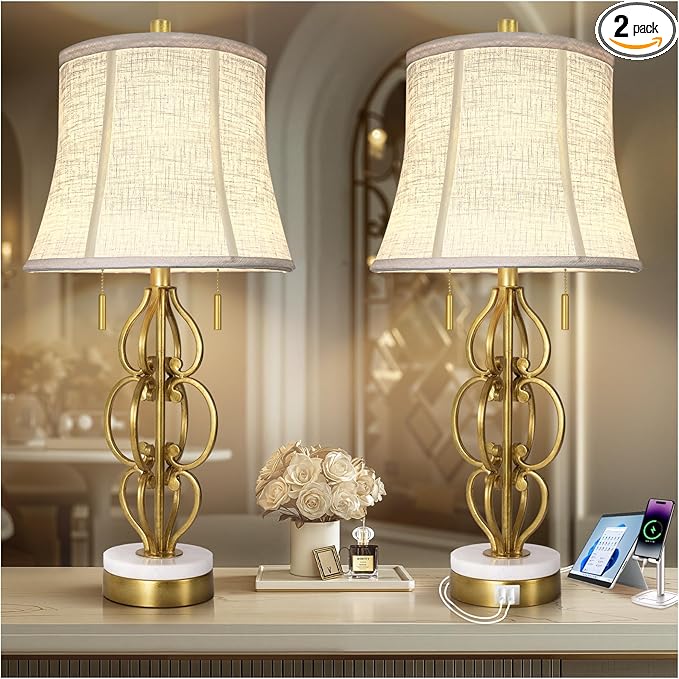 Scenekoy Table Lamp Set of 2 with USB Ports, Pull Chains Switch, 28” Gold Leaf Curved Iron Art Bedside Lamps with Linen Shade for Living Room Bedroom, Nightstand Lamps for Home Room Decor - Bloomnest