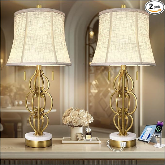 Scenekoy Table Lamp Set of 2 with USB Ports, Pull Chains Switch, 28” Gold Leaf Curved Iron Art Bedside Lamps with Linen Shade for Living Room Bedroom, Nightstand Lamps for Home Room Decor - Bloomnest