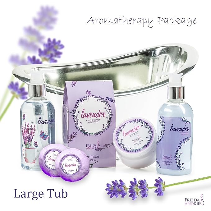 Aromatherapy Essentials Valentines Spa Set for Women in Large Silver Tub Bath Set Includes 2 Bath Bombs, Body Lotion, Bath Salts, Shower Gel, and Bubble Bath (Lavender) - Bloomnest