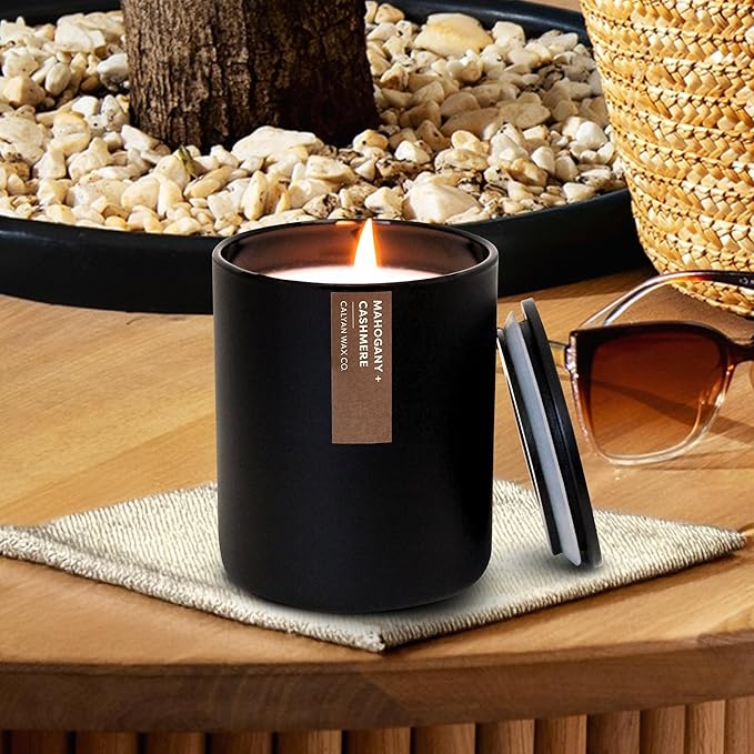 Calyan Wax Co. Mahogany & Cashmere Scented Candle - 75 Hour Burn - Luxury Non Toxic Soy Wax Candles - Long Lasting Black Tumbler Jar Candle for Home - 10.2oz - Bloomnest