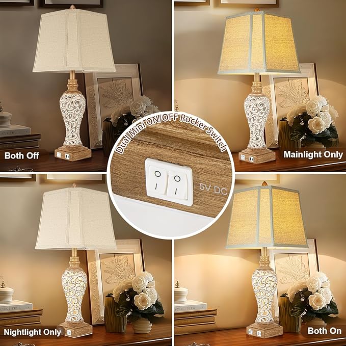 28.5" Rustic Table Lamp Set of 2 For Living Room Farmhouse Lamps for Bedroom, Bedside Lamps with Night Lights And USB C+A Charging Ports for Decor Office Study Hotel (Bulbs Included) - Bloomnest