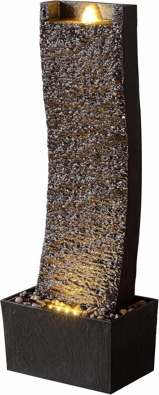 38.2in. Indoor/Outdoor Water Fountain with LED Lights – Vintage Rock Design and Relaxing Waterfall Feature for Home, Garden, or Office (Curved Slate Stone)