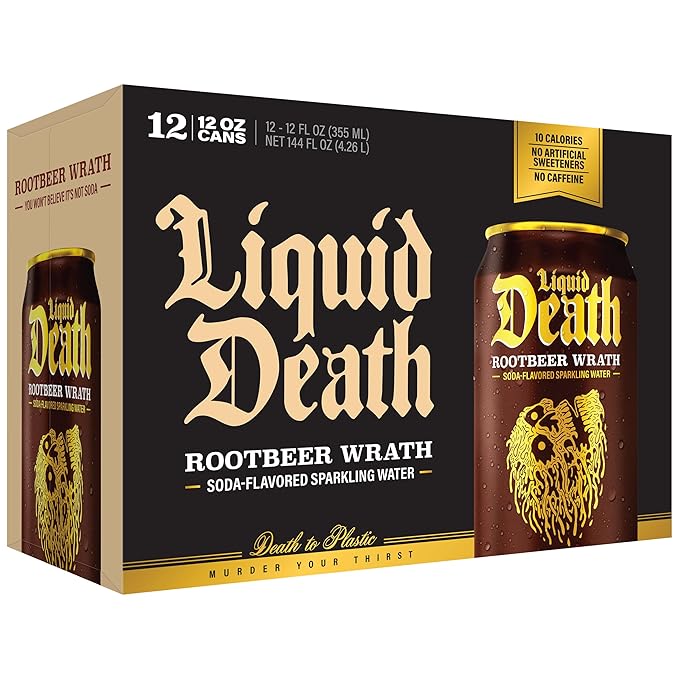 Liquid Death Soda-Flavored Sparkling Water - Rootbeer Wrath, Less Sugar*, Huge Flavor, No Caffeine, No Artificial Sweeteners, 12 Fl Oz (Pack of 12) - Bloomnest