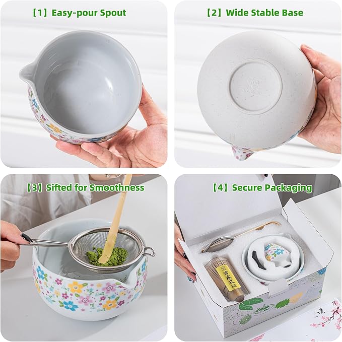 TEANAGOO Matcha Whisk Set,7 Pcs Matcha Set White,Ceremony Matcha Kit,Matcha Tea Set for Making Latte,Ceramic Bowl(chawan) whith Spout and Whisk,Gift for Matcha Lovers - Bloomnest