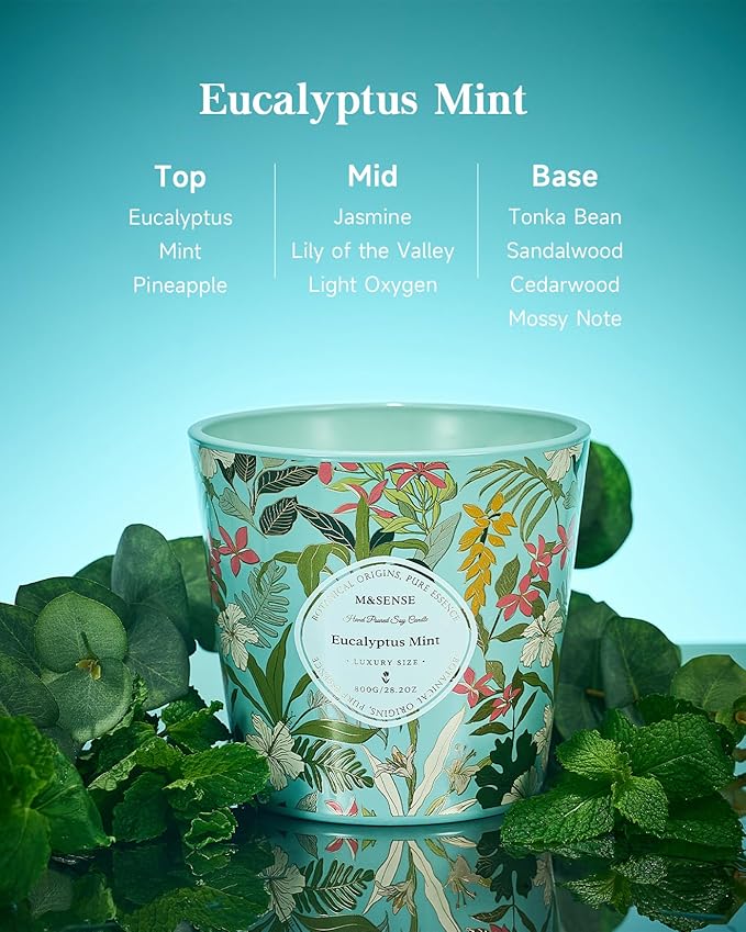 M&SENSE Eucalyptus Mint Scented Candle, 28.2oz 3 Wick Natural Soy Wax Large Candles, Long Lasting Clean Slow Burning No Toxic Décor for Home Relaxation, Romantic Dates Gift-Giving - Bloomnest