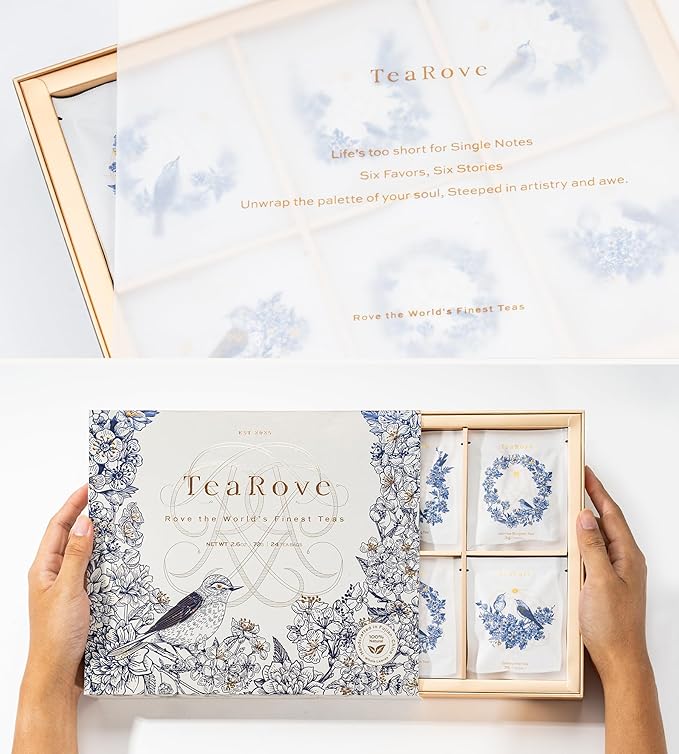 TeaRove Premium Tea Sampler Gift Set with Gold-Foil Presentation Box, 24 Assorted Variety Pyramid Infuser Bags, 6 Flavors Handcrafted Black, Oolong, Jasmine Green, Herbal Tea Sampler Gift for Tea Lover - Bloomnest
