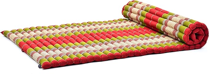 Leewadee - Kapok Roll Mat – Handcrafted Folding Sleep & Relaxation Mattress from Thailand, Ideal as Guest Bed, Camping Mat, Yoga Mat or Traditional Futon, 75 x 39 inches, Green Red - Bloomnest