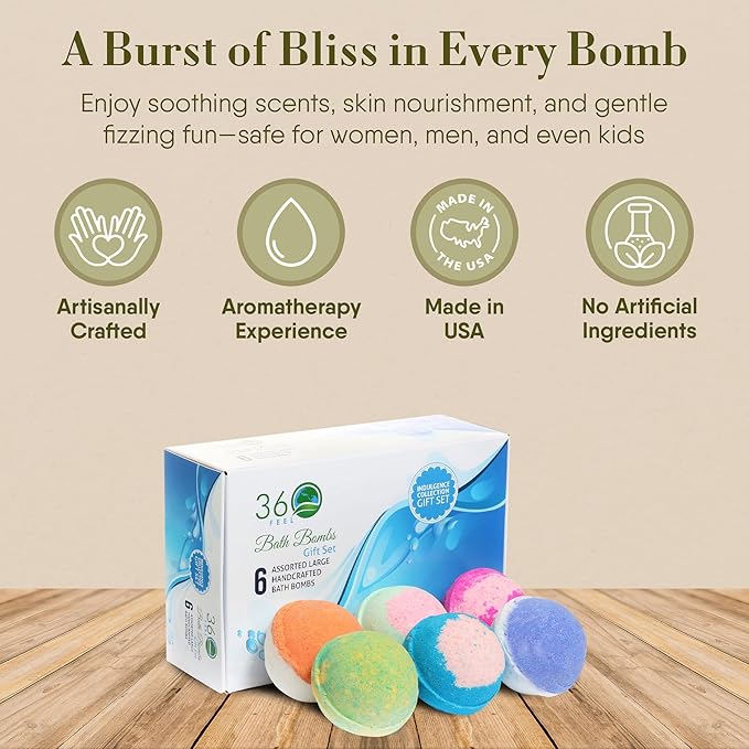 360Feel Bath Bombs Gift Set - Handcrafted Moisturizing Bath Bombs for Women Infused with Essential Oils - an Ideal Gift for Any Occasion - Non-Staining and Glitter Free Fizz - Large - Set of 6 - Bloomnest
