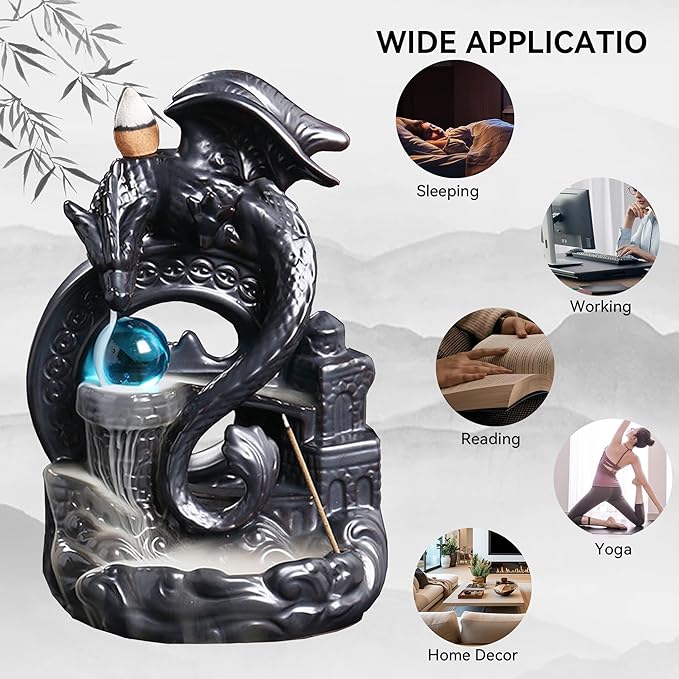 YYW Ceramic Backflow Incense Holder, Waterfall Incense Burner with 20 Backflow Incense Cones + 30 Incense Stick, Dragon Backflow Incense Burner for Aromatherapy Ornament Home Decor (Black) - Bloomnest