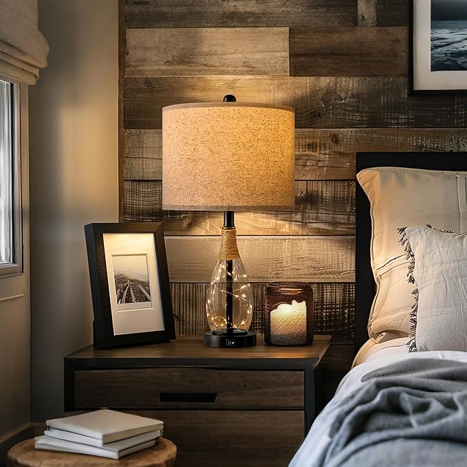 OYEARS 23" Farmhouse Table Lamps for Living Room,Boho Rattan Bedside Lamps with USB-C & USB-A Ports, Glass Nightlight, Dual Light Sources, Black - Bloomnest