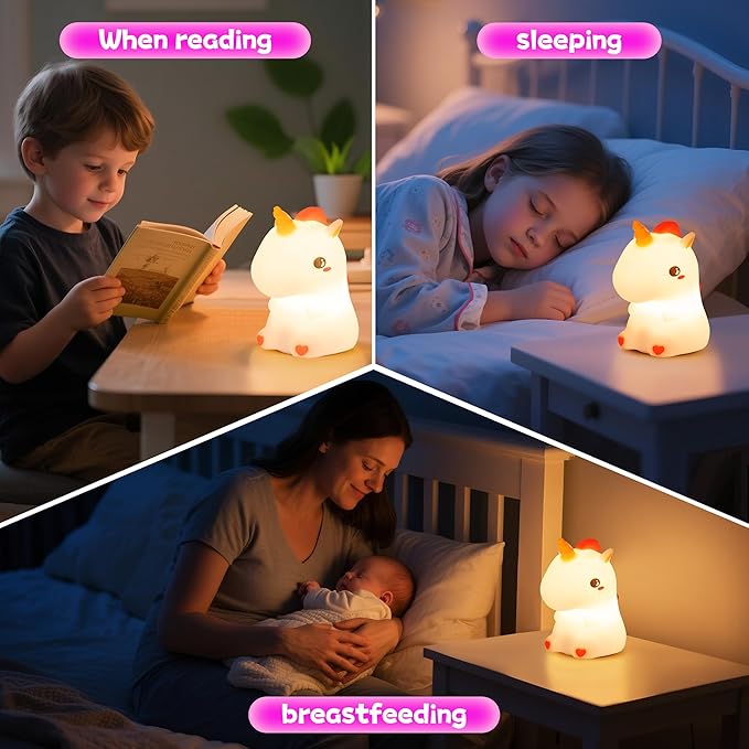 Night Light for Kids, Rechargeable Dimmable Silicone LED Nightlight with 7 Colors, Baby Nursery Night Lamp, Touch Squishy Lamp, Cute Gifts for Girls, Boys, Toddler Room Decor, Unicorn - Bloomnest
