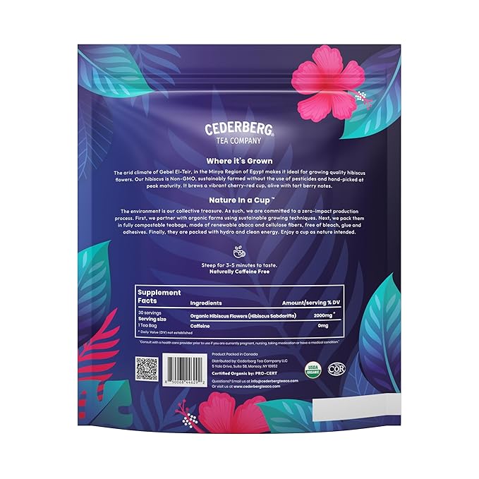 Cederberg Tea Company Organic Hibiscus Tea — 30 Tea Bags | Organic Herbal Tea From Single Origin | Eco-Friendly Tea Bags | Non-GMO Caffeine Free Tea With Zero Sugar - Bloomnest