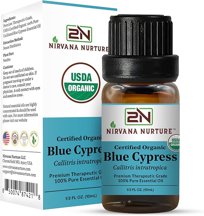 Blue Cypress Essential Oil, USDA Certified Organic, 100% Pure Undiluted, Aromatherapy Oil for Diffuser, Hair & Skin Care NirvanaNurture