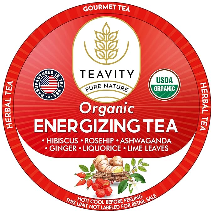 Organic Ashwagandha Tea Pods for Keurig with Ginger, Licorice, Organic Hibiscus Sabdariffa, Rosehip, & Lime - Decaf Herbal Tea - Energizing Tea by Teavity (12 Tea Pods) - Bloomnest