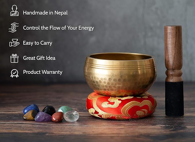 Tibetan Singing Bowl Set - Easy To Play for Beginners - Authentic Handcrafted Mindfulness Meditation Holistic Sound Bowl 7 Chakra Healing Gift by Himalayan Bazaar (4 Inch with Chakra Stones)