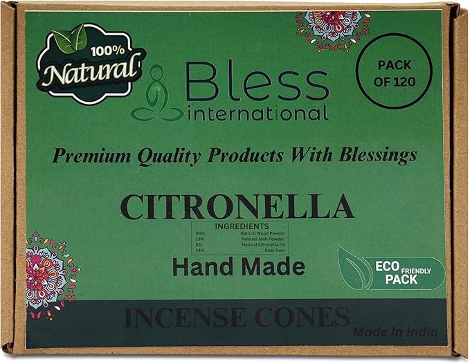Bless International Citronella 100%-Natural-Incense-Cones Handmade-Hand-Dipped Organic-Chemicals-Free for-Purification-Relaxation-Positivity-Yoga-Meditation The-Best-scents (120 Count) BlessInternational