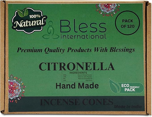 Bless International Citronella 100%-Natural-Incense-Cones Handmade-Hand-Dipped Organic-Chemicals-Free for-Purification-Relaxation-Positivity-Yoga-Meditation The-Best-scents (120 Count) BlessInternational