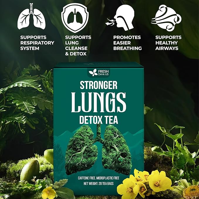 FreshDrinkUS StrongerLungs 20 Tea Bags - Mullein Leaf, Ginseng, Elderberry, Ginger & Thyme - Supports Lung Cleanse, Congestion Relief & Mucus Detox - Caffeine-Free & All-Natural - Bloomnest