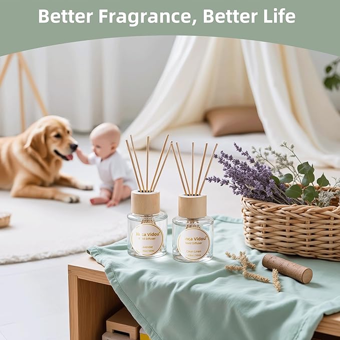 Binca Vidou Reed Diffuser Set Lavender & Linen Natural Scent Theme Oil Diffusers with Sticks for Home Office Bathroom Aromatherapy Decor 1.69oz x 2 - Bloomnest