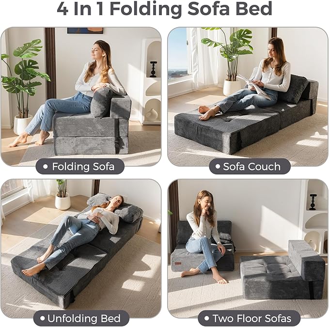 MAXYOYO Folding Sofa Bed, Convertible Sofa Bed with High-Density Support Foam, Portable 4 in 1 Fold Out Chair to Floor Lounger, Versatile Floor Couch for Living Room Bedroom, Dark Grey - Bloomnest