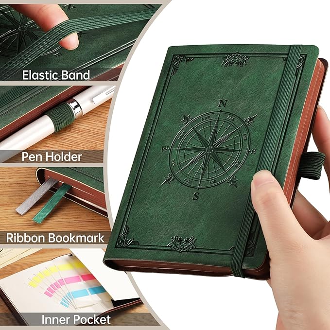 AHGXG Small Lined Pocket Journal Notebook for Men - 256 Numbered Pages College Ruled B6 Mini Journal, Vintage Soft Leather Hardcover, 80gsm Paper, for Women Work Office School, 4.1'' X 5.7''- Dark Green - Bloomnest