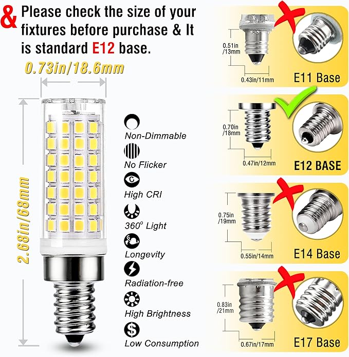 ALIDE E12 75 Watt Replacement LED Candelabra Bulbs C7,4000K Natural White,800LM T6 7.5W LED E12 Chandelier Light Bulbs for Ceiling Fan Pendant Lighting,Non-dimmable,6 Pack - Bloomnest