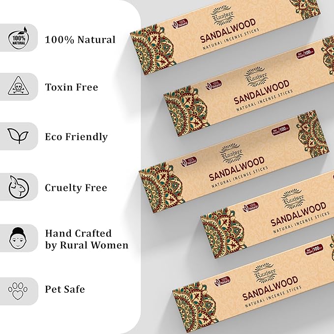 Raajsee Sandalwood Incense Sticks (180 gm), 100% Pure Organic Natural Hand Rolled Free from Chemicals - Sandalwood Incense Perfect for Aromatherapy, Cleansing, Meditation, and Church (Pack of 12) - Bloomnest