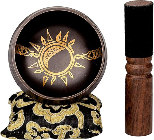 Sun in Moon Singing Bowl Set by Ohm Store — Black Etched Sound Bath Bowl Instrument — Unique, Handmade for Spiritual Healing, Reflection, Boho Décor, and Meditation - Bloomnest