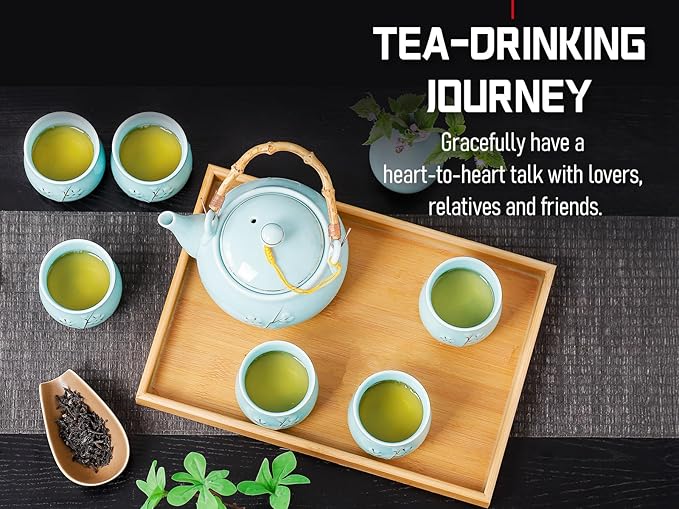 Japanese Tea Set with 1 Teapot(23 oz/660ml), 6 Tea cups(5.3 oz/150ml), 1 Tea Tray, 1 Stainless Infuser, Golden plum blossom relief,Chinese gungFu tea set (Golden plum-Blue) - Bloomnest