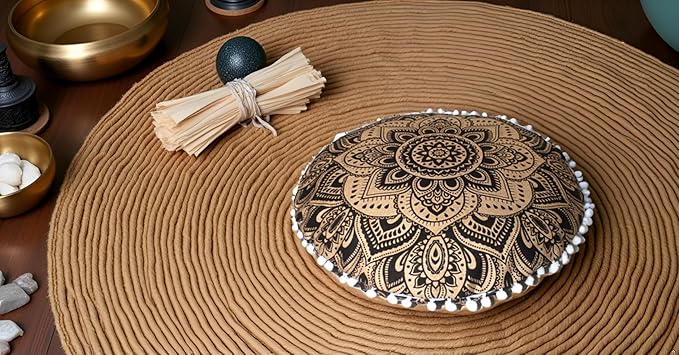 CRAFT KALA Large Round Bohemian Floor Pillow Pouf Cover Mandala Meditation Room Pillow Cover for Adults Boho Seating Poufs Cushion Cover for Kids Playroom Metallic Gold Flower 32" - Bloomnest