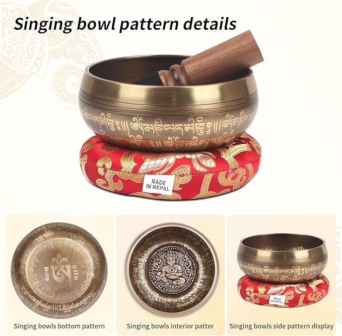 Kmise Tibetan Singing Bowls Set- Handmade in Nepal Meditation Sound Bowls for Yoga, Meditation, Mindfulness, Healing and Chakra Balancing, Stress Relief (5'，Ganesha) - Bloomnest