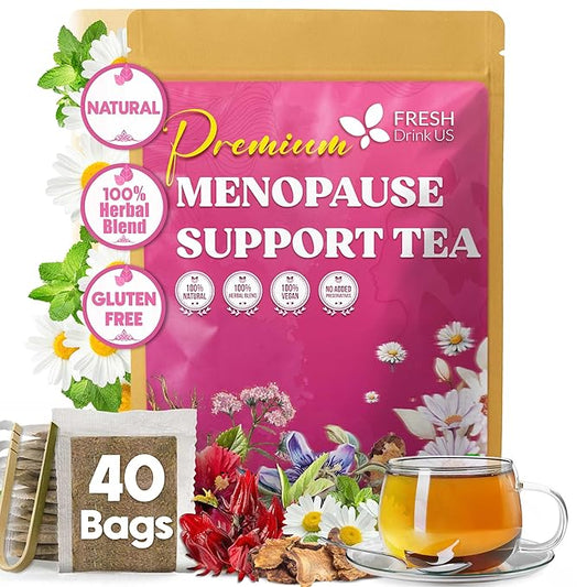 FreshDrinkUS, 40 Tea Bags - Menopause Support Herbal Tea – Soothing Blend with Rhubarb, Hibiscus, Valerian, Passiflora, Ashwagandha, Fennel & Chamomile, Caffeine-Free, Vegan, Non-GMO - Bloomnest