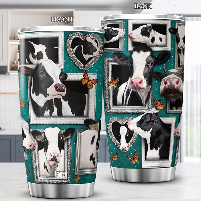 Cow Print Stainless Steel Tumbler With Lid 20 Oz Holstein Friesian Cattle Cute Dairy Cows Insulated Cup Funny Farm Animal Themed Mugs Butterfly Cool Cow Things For Cow Lovers - Bloomnest