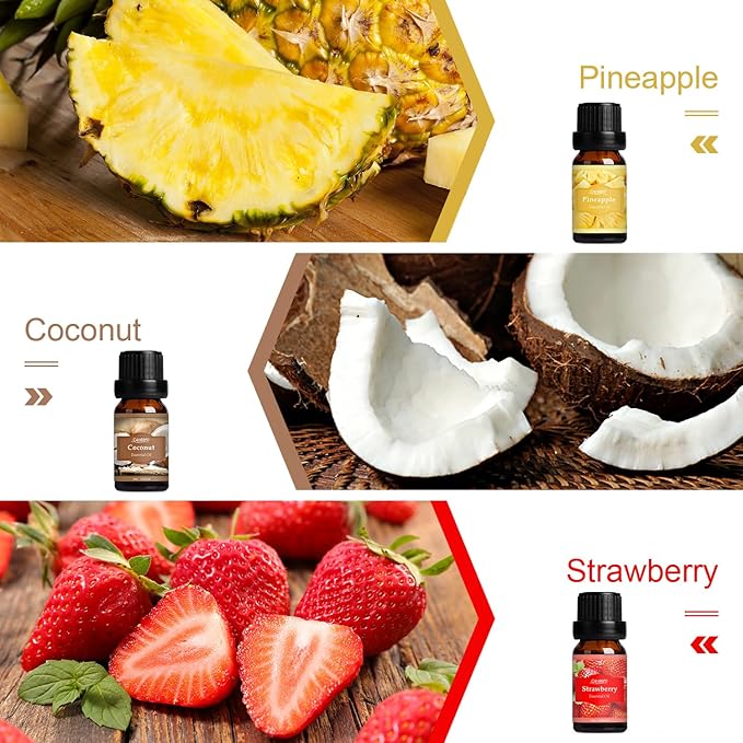 SALUBRITO Fresh Fruit Fragrance Oils Set, Essential Oils for Diffuser, Candle, Soap Making - Strawberry, Sweet Orange, Pineapple, Coconut, Bergamot, Grapefruit, 6X10ml - Bloomnest