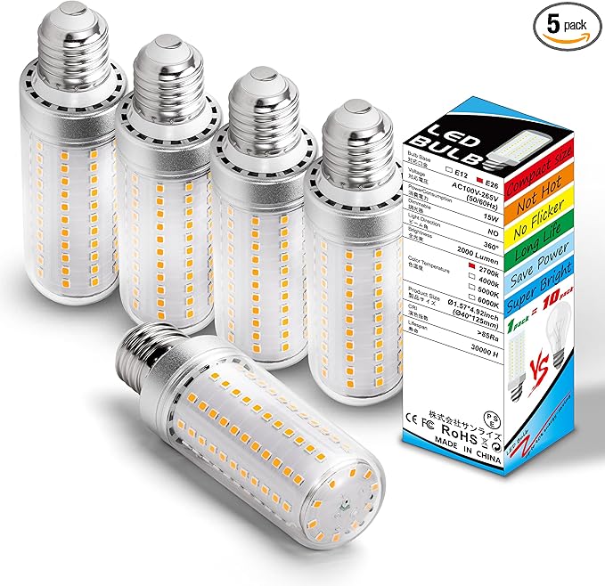 Big 1.57x 4.92 inch, E26 LED Corn Light Bulbs 150 Watt Equivalent 2000 lm,2700K Warm White,15W E27 Medium Base Non-dimmable Candelabra Ceiling Fan Corn Lighting for Home Garage Warehouse Indoor,5Pack - Bloomnest