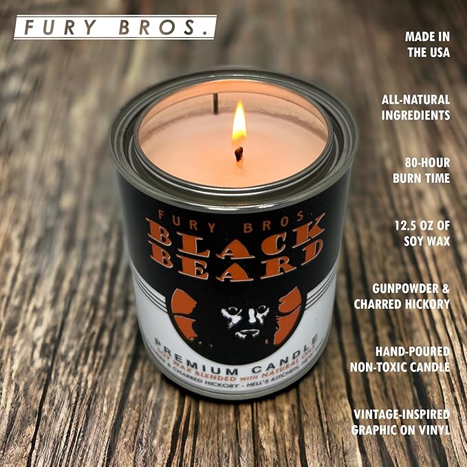 Fury Bros. Scented Candles for Men | Black Beard | Gunpowder & Charred Hickory | Natural Soy Wax | Hand-Poured in the USA | Long 70-80 Hour Burn (12.5 oz) | Vintage-inspired Tin Design | Dad Home Gift - Bloomnest