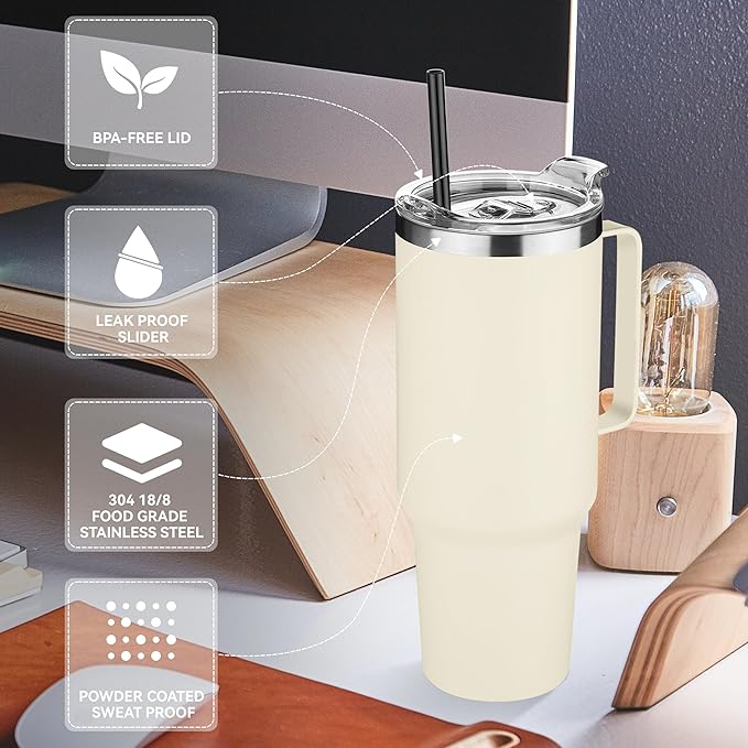 HASLE OUTFITTERS 40 oz Stainless Steel Tumbler with Handle, Vacuum Insulated Tumblers Bulk, Reusable Double Wall Travel Coffee Mug, Durable Powder Coated Water Bottle(Beige, 4) - Bloomnest