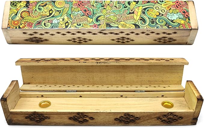 SOUL STICKS Handmade Carved Incense Burner Wooden Coffin Box with Storage Includes Go Away Evil Incense Sticks (Peace Art) - Bloomnest
