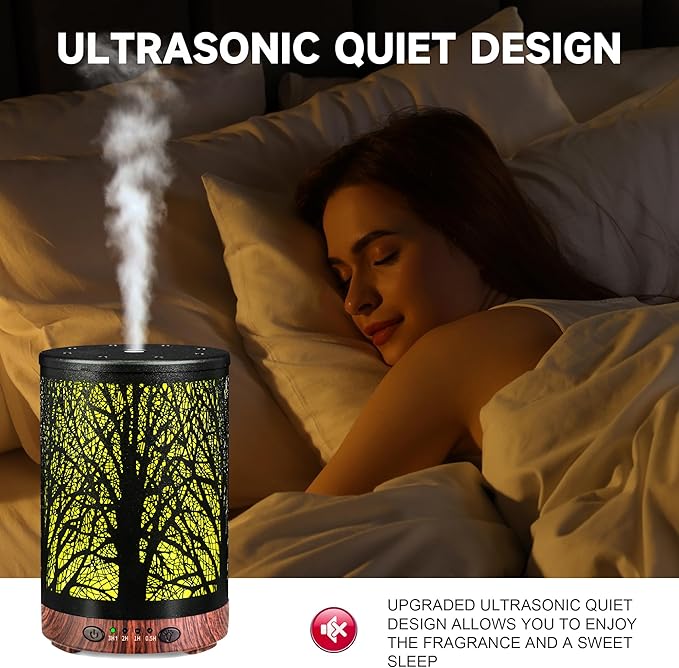 Essential Oil Diffuser 120ML Metal Aromatherapy Diffuser with Timer, Cool Mist Humidifier with Auto Shut-Off & 7 Color Lights for Home Office Spa (Tree) - Bloomnest