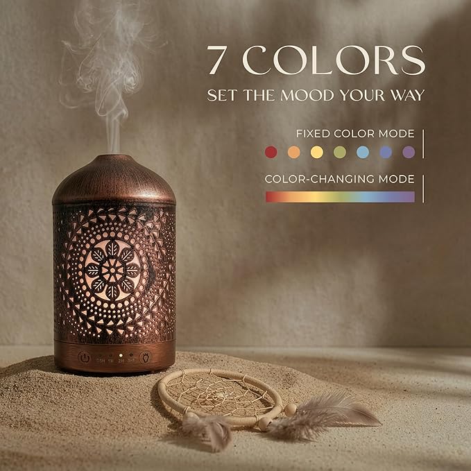 Earnest Living Essential Oil Diffuser Metal Diffuser 100 ml Timers Night Lights and Auto Off Function Home Office Humidifier Aromatherapy Boho Decor Gift EarnestLiving