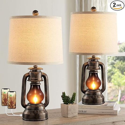 RORIANO Farmhouse Lantern Table Lamps for Living Room Set of 2, Vintage Bedroom Resin Lamp with Dual USB Charging Ports, Rustic Retro Bedside Nightstand Desk Lamp, 4 Bulb Included - Bloomnest