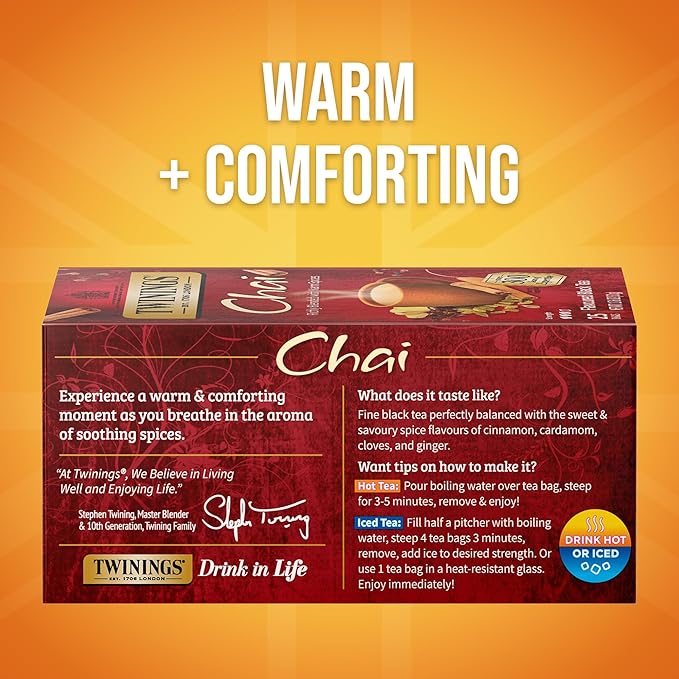 Twinings Chai Black Tea Individually Wrapped Bags, 25 Count (Pack of 6), Sweet, Savoury Spices, Caffeinated, Enjoy Hot or Iced, 150 Teabags - Bloomnest