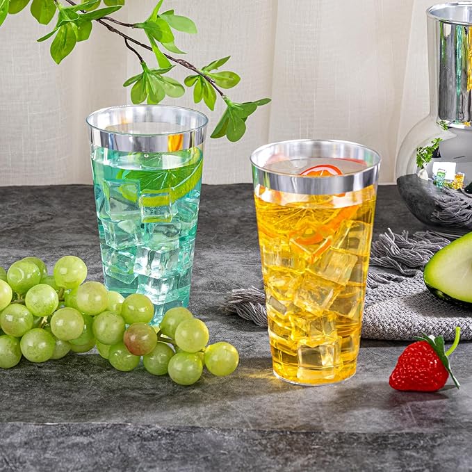 I00000 16 oz Silver Plastic Cups, 50 Pack Clear Plastic Cups,Silver Rimmed Disposable Cup, Heavy-duty Disposable Tumblers Perfect for Party, Holiday, Wedding & Birthday - Bloomnest