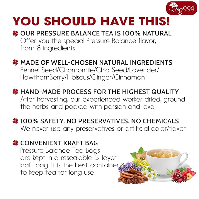 TOG999, Upgraded Pressure Balance Herbal Tea - 80 Tea Bags | Heart Functional Tea | Blend of 9 Natural Herbs | Caffeine-Free, Sugar-Free, Vegan-Friendly - Bloomnest