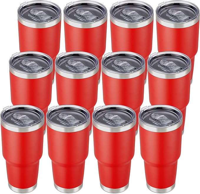 30 oz Tumbler with Lid Stainless Steel Tumblers Bulk Vacuum Insulated Cup Reusable Powder Coated Travel Mug Double Wall Leak Proof Cups Keep Cold Drinks for 12 Hours Wine Red, Set of 12