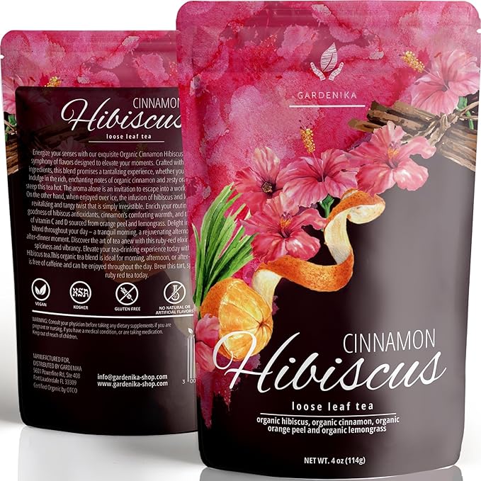 Gardenika Organic Cinnamon Hibiscus Loose Leaf Tea | Natural & Antioxidant Rich | Caffeine-Free | 55+ Cups | USDA Organic & Kosher | 4 oz - Bloomnest